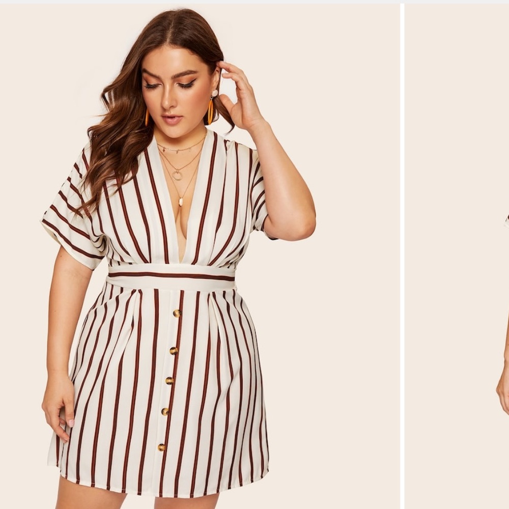 Plus Deep V-neck Striped Dress 👗